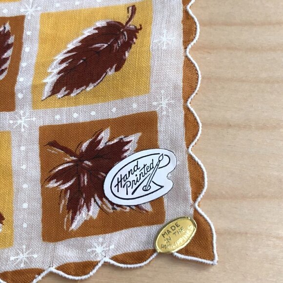 Vintage Hand Printed Golden Leaves Handkerchief - Picture 2 of 5